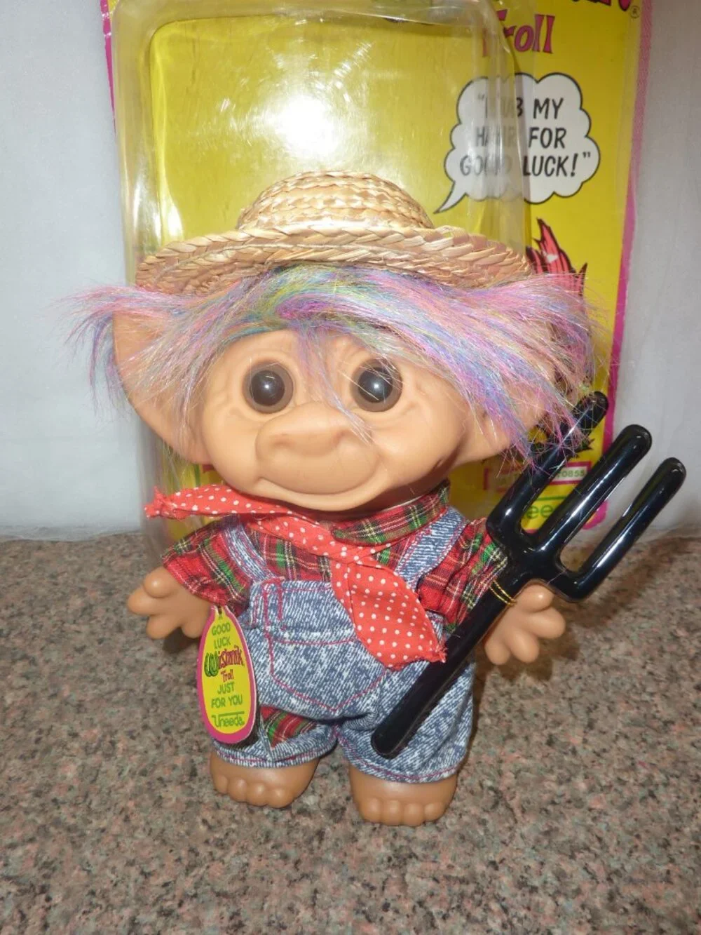 1991 Uneeda Wishnik Farmer 8 inch TROLL Doll with packaging and label.
